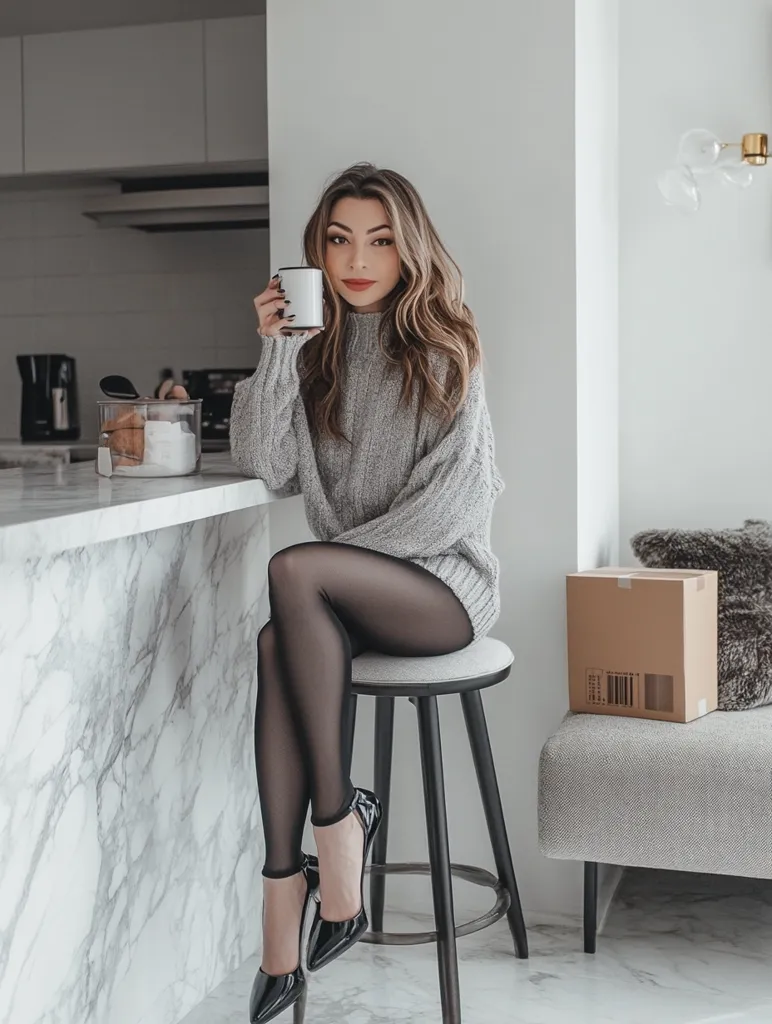 A young woman with long brown hair sits on a bar stool in a modern kitchen. She's wearing a cozy gray sweater, sheer black leggings, and elegant black heels.  She holds a white mug, appearing relaxed and comfortable. A marble countertop and a package are visible in the background, suggesting a casual, everyday scene.  The overall aesthetic is stylish and minimalist.