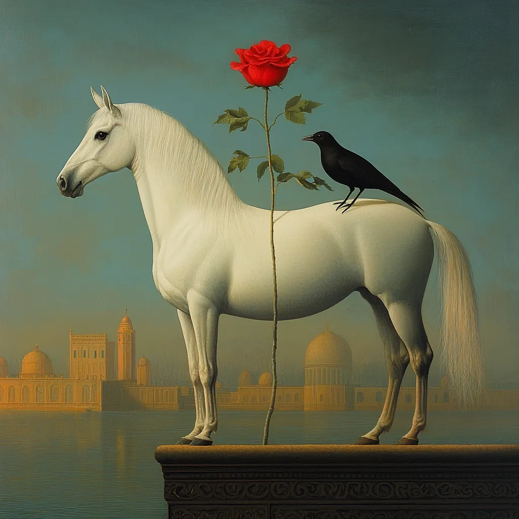 A white horse stands serenely on a stone pedestal, a single red rose rising between its back and a perched black crow.  The background features a hazy, atmospheric landscape with domed structures reminiscent of a distant city, reflecting in calm water. The image is rendered in a smooth, surrealist style with a muted color palette, creating a dreamlike atmosphere.