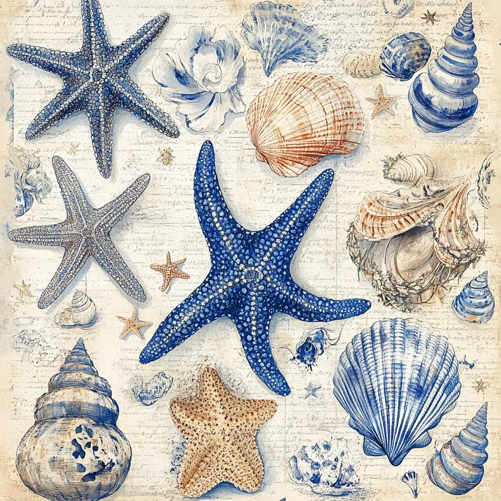 A vibrant collection of seashells and starfish are artfully arranged on a vintage-style background featuring handwritten script.  The shells vary in color and type, from spiral conches to scallops and oysters.  Starfish in shades of blue and tan are prominently displayed, adding to the nautical theme. The overall effect is a charming, seaside-inspired composition.
