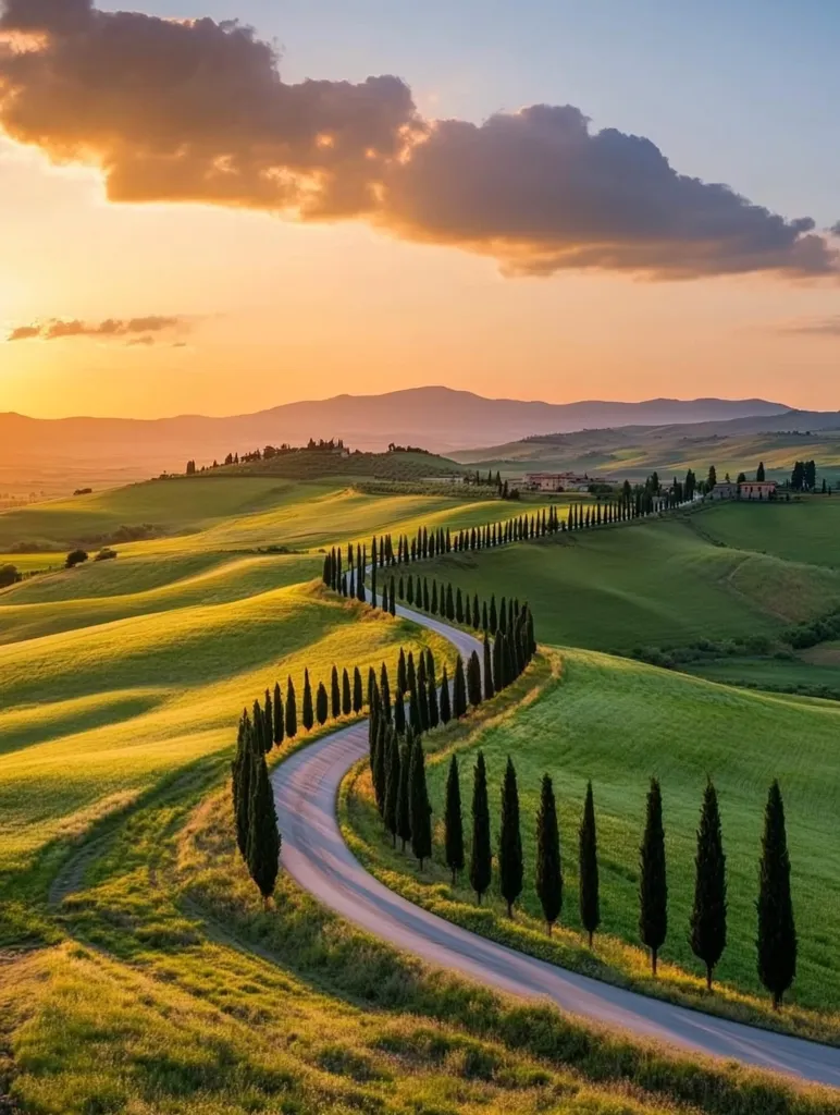 A winding road lined with tall, slender cypress trees curves through rolling green hills bathed in the warm glow of a picturesque sunset.  The Tuscan landscape is idyllic, with soft light illuminating the undulating terrain.  A peaceful and serene scene, showcasing the beauty of the Italian countryside.