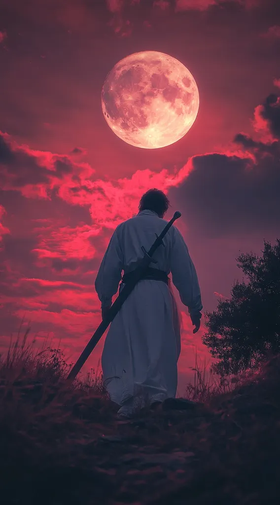 A lone figure, cloaked in white and carrying a sword, walks away from the viewer.  The setting sun casts a crimson glow across the sky, illuminating a large, blood-red moon.  The scene is dramatic and evocative, suggesting a journey into the unknown under an ominous sky.  Silhouetted trees and tall grass frame the figure, emphasizing their isolation.