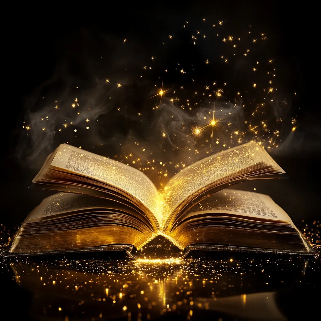 An open antique book rests on a dark surface, emanating a golden glow.  Sparkling dust and light swirl around it, creating a magical, ethereal atmosphere.  The book's pages appear aged and filled with untold stories, suggesting enchantment and wonder.  The scene is dark and mysterious, yet filled with radiant, captivating light.