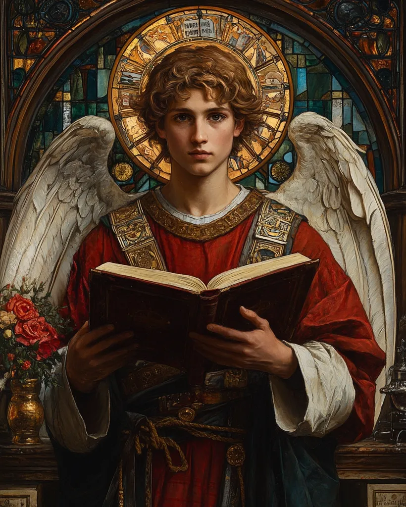 A painting depicts a youthful angel, wings outstretched, holding an open book.  The angel, with curly light brown hair, wears a rich red robe adorned with gold detailing.  A stained-glass-like halo surrounds the angel's head, set within an ornate architectural frame.  A vase of red roses sits on a ledge beside the angel, adding to the religious and artistic composition. The overall style is hyperrealistic, with meticulous detail in the clothing and the angel’s features.