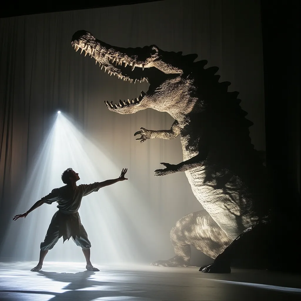 A lone male dancer, silhouetted against a spotlight, reaches toward a colossal, menacing crocodile-like dinosaur. The scene is dramatic, set on a stage with a white backdrop. The dancer's pose suggests a confrontation or interaction with the prehistoric beast, creating a powerful visual narrative of human vulnerability against immense power.  The lighting emphasizes the contrast between the small figure and the large creature.
