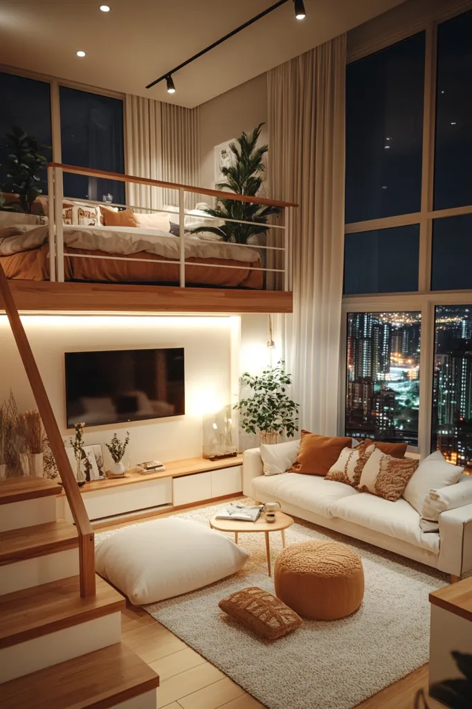 A modern loft apartment at night features a raised sleeping area with a wooden platform and railing, overlooking a living room with a white sofa,  fluffy ottoman, and floor cushions.  Large windows offer a panoramic city view.  Warm lighting creates a cozy atmosphere, complemented by potted plants and neutral-toned décor. The space combines functionality and stylish design.