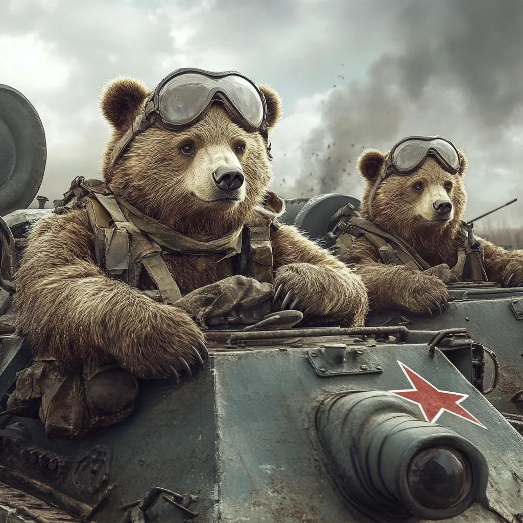 Two brown bears, wearing goggles and military gear, sit in the turret of a weathered tank.  The tank features a red star, suggesting a Soviet-era design.  A smoky, war-torn battlefield forms the backdrop.  The bears appear serious and determined, conveying a humorous yet powerful image of anthropomorphic soldiers.