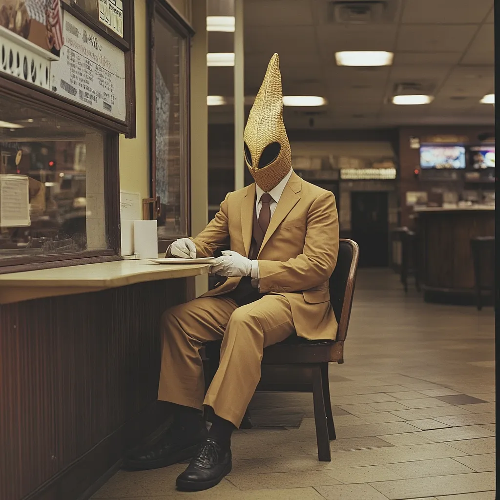 A figure in a tan suit and a pointed, textured head covering sits at a counter in a diner-like setting.  The figure wears white gloves and appears to be waiting or eating. The environment is dimly lit, with a tiled floor and a counter with a menu board visible. The overall atmosphere is surreal and slightly unsettling.