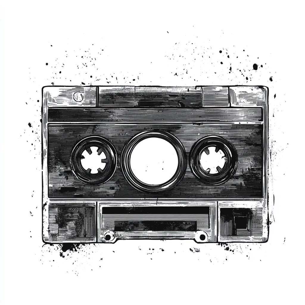 A monochrome illustration of a cassette tape, rendered in a grunge style with heavy ink splatter effects.  The detail showcases the cassette's textured surface and mechanical components.  The overall aesthetic evokes a nostalgic feeling, reminiscent of 80s and 90s music culture. The image is stark against a white background, emphasizing the tape's design and the artistic texture.