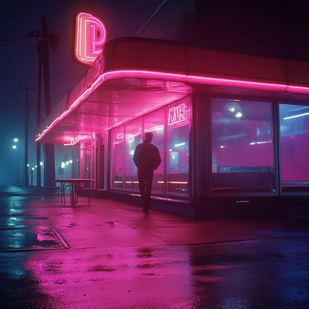 A lone figure walks past a neon-lit diner on a rain-slicked street at night.  Pink and purple hues dominate the scene, reflecting off the wet pavement.  The diner's large windows display an empty interior, illuminated by vibrant neon signs.  A misty fog hangs in the air, adding to the atmospheric, melancholic mood.  The overall aesthetic is reminiscent of synthwave or cyberpunk art.