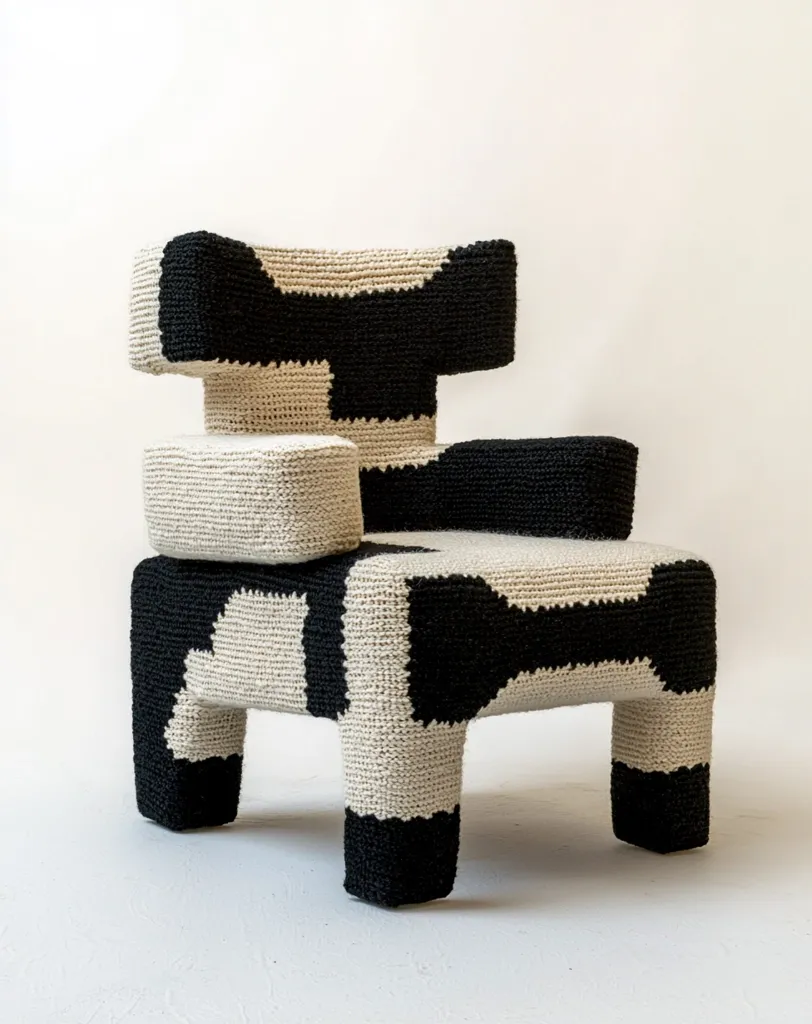 A uniquely designed armchair, crafted from crocheted yarn in black and off-white. The chair's form is composed of chunky, geometric blocks, creating a bold, abstract aesthetic.  The contrasting colors and textured material give the piece a distinctive handmade quality.  Its sturdy, block-like legs support a comfortable-looking seat and back. The overall style is modern and artistic.