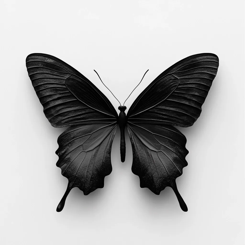 A striking black butterfly is presented against a stark white background.  Its wings are meticulously detailed, showcasing a deep, rich black hue. The image is a monochrome study of form and contrast, emphasizing the butterfly's elegant symmetry and intricate wing patterns. The simple composition creates a powerful and visually arresting image.