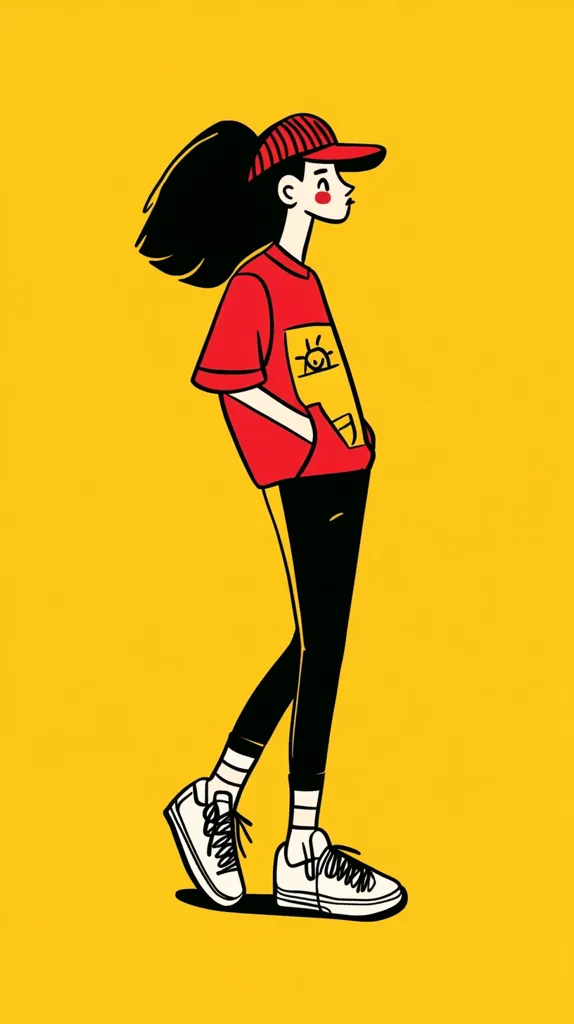 A stylized illustration of a young woman with long black hair pulled back in a ponytail. She's wearing a red shirt with a small sun design, black pants, white sneakers, and a red baseball cap.  The figure is depicted in profile, walking against a solid yellow background, in a minimalist, bold line art style.