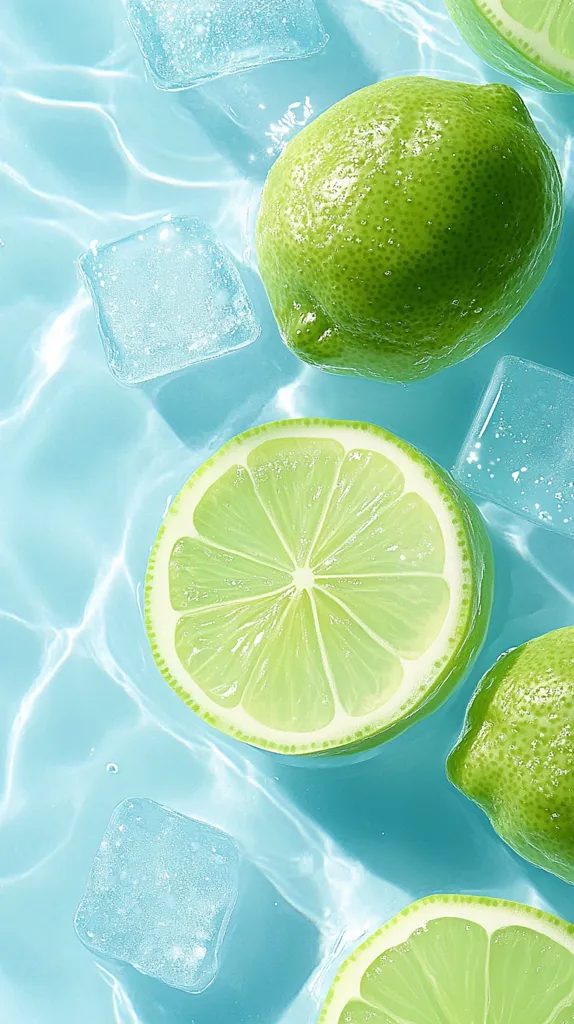 Limes and ice cubes float in refreshing turquoise water.  The vibrant green limes, both whole and sliced, are glistening, suggesting coolness.  The clear ice cubes add to the summery, thirst-quenching aesthetic. The image evokes a feeling of summer and relaxation.