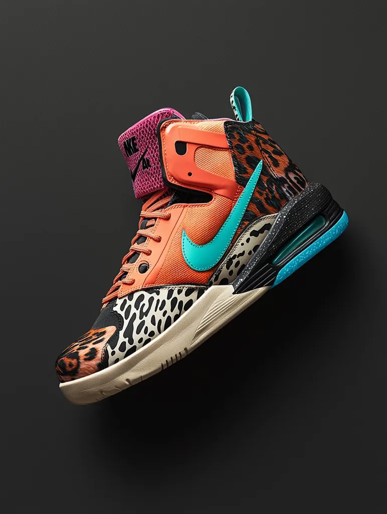 A vibrant Nike high-top sneaker is showcased against a dark backdrop.  The shoe features a bold mix of orange, turquoise, and black, with an animal print design incorporating leopard and dalmatian spots.  The unique design elements create a striking and eye-catching look.  The shoe's high-top style and chunky sole add to its distinctive character.