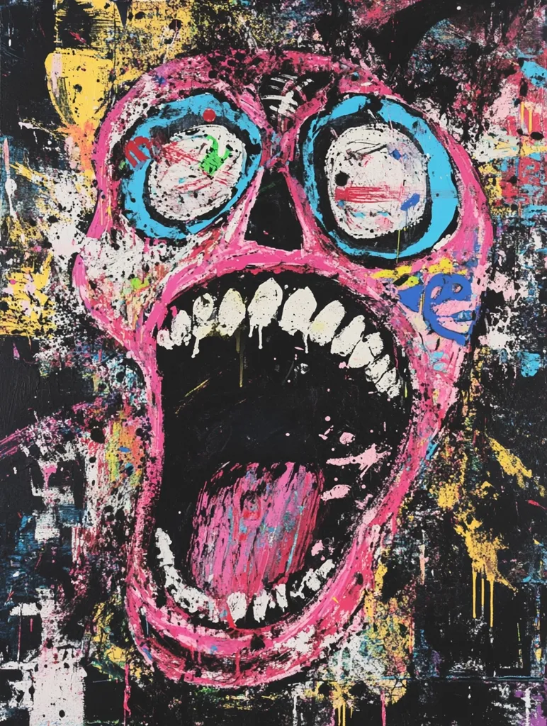 A vibrant, expressionistic painting depicts a screaming skull rendered in bold strokes of pink, black, and bright colors.  The skull's wide-open mouth dominates the canvas, filled with jagged teeth and a thick, pink tongue.  The background is a chaotic mix of splatters and markings, creating a raw and energetic feel.  The overall effect is one of intense emotion and raw energy.