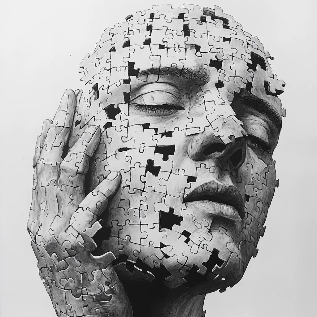 A stunning grayscale drawing depicts a face fragmented into jigsaw puzzle pieces.  The person's eyes are closed, conveying a sense of introspection or vulnerability.  The hands, similarly composed of puzzle pieces, gently cradle the face, emphasizing the feeling of fragility and the complex nature of identity.  The intricate detail creates a powerful and thought-provoking image.