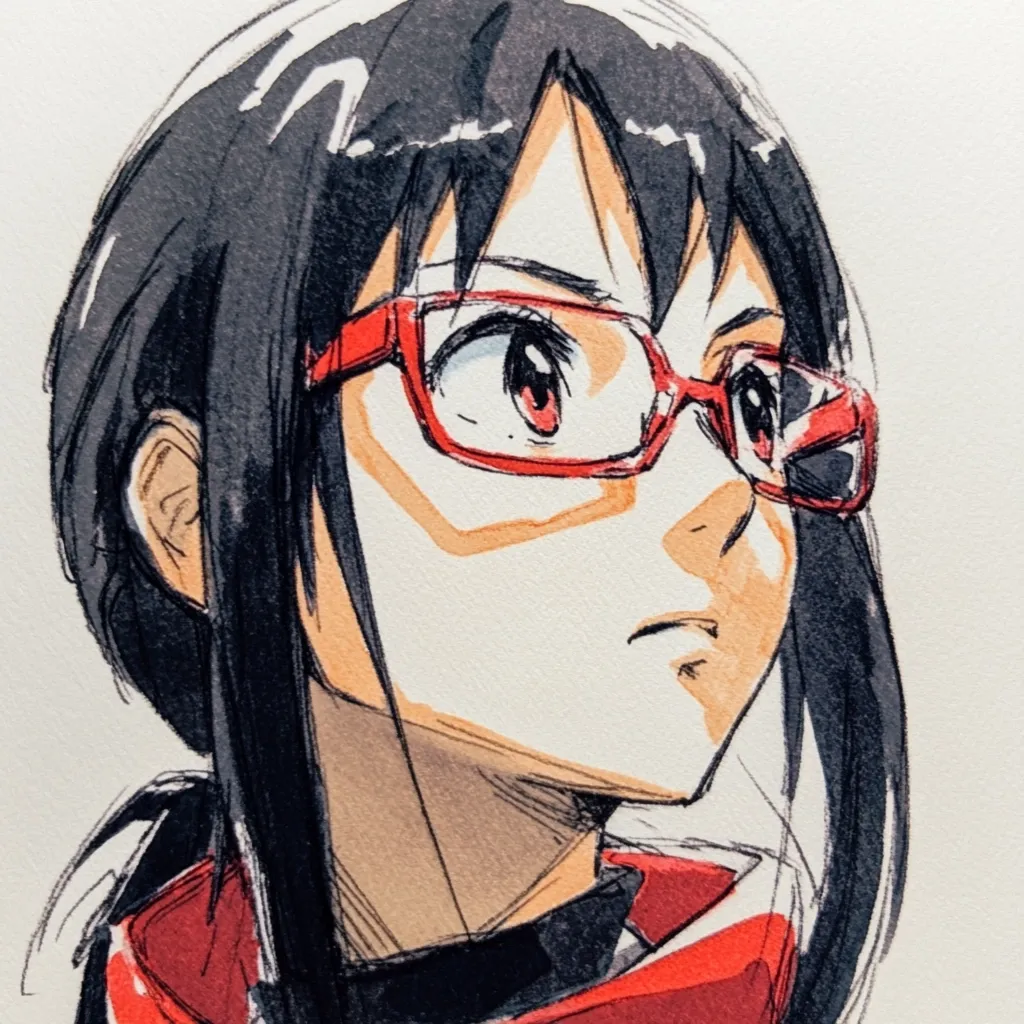 A stylized anime-style drawing of a young woman with shoulder-length black hair and red-framed glasses.  Her expression is serious, almost pensive, and her gaze is directed slightly upward and to the right. She wears a red scarf or collar. The art style is sketchy and uses a combination of linework and shading, creating a sense of movement and depth.  The overall tone is one of quiet contemplation.
