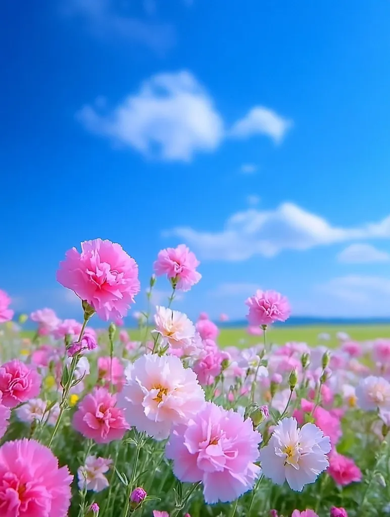 A vibrant field of pink and white carnations stretches towards a clear blue sky dotted with fluffy white clouds.  The flowers are in full bloom, their delicate petals catching the sunlight. The scene evokes a feeling of springtime freshness and tranquility. The foreground focuses on several blooms in varying shades of pink and white, creating a beautiful contrast against the greenery and the bright sky.
