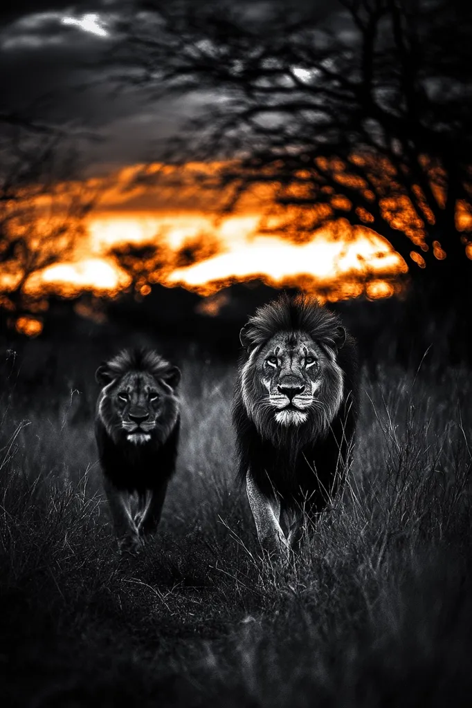 Two majestic black lions stride through tall grass towards the viewer.  A fiery orange sunset blazes behind them, silhouetted by dark trees. The image is predominantly black and white, enhancing the lions' powerful presence against the dramatic backdrop.  The overall mood is one of wild beauty and untamed power.