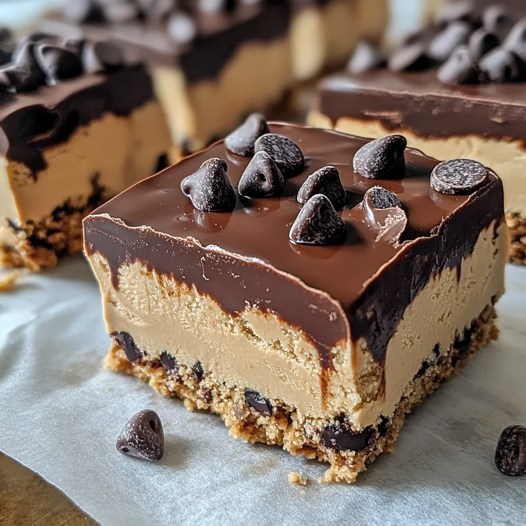 A close-up shot showcases a decadent chocolate-covered dessert.  The rich, dark chocolate ganache is generously topped with chocolate chips.  Beneath the glossy chocolate, a layer of creamy, light brown filling is visible, resting on a crunchy, cookie-like base.  Other similar desserts are blurred in the background, suggesting a batch of homemade treats.  The dessert sits on parchment paper, with a stray chocolate chip in the foreground.