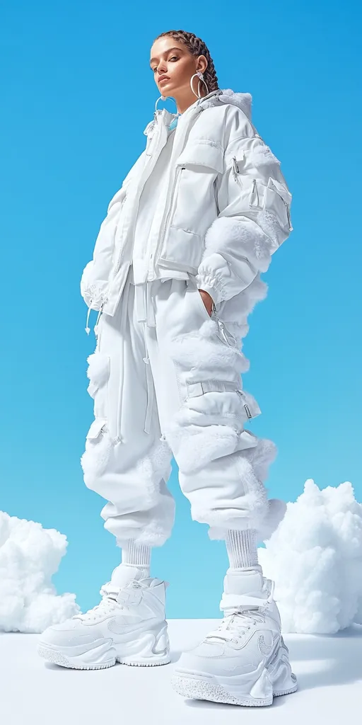 A fashion model, with braided hair and large hoop earrings, poses against a bright blue sky backdrop.  She is dressed entirely in white: a puffy, fur-trimmed jacket, cargo-style pants with fur accents, and chunky white high-top sneakers. The image is styled with fluffy white clouds at the bottom, creating a dreamy, ethereal atmosphere.  The all-white outfit is modern and stylish.
