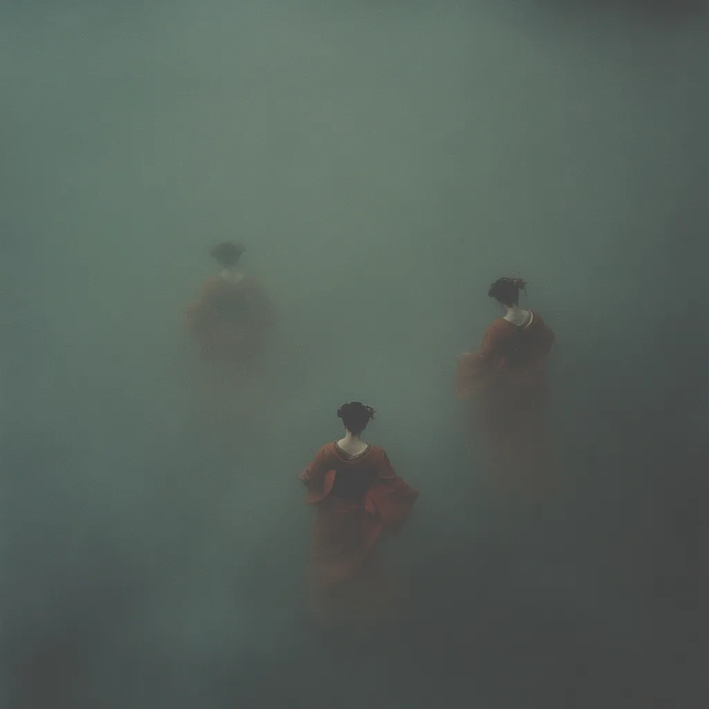 Three figures, clad in muted orange robes, stand shrouded in a thick, ethereal fog.  Their forms are indistinct, almost ghostly, swallowed by the misty atmosphere.  The overall mood is one of mystery and quiet solitude, emphasizing a sense of isolation within the enveloping haze. The color palette is dominated by muted greens and oranges, enhancing the somber, dreamlike quality.