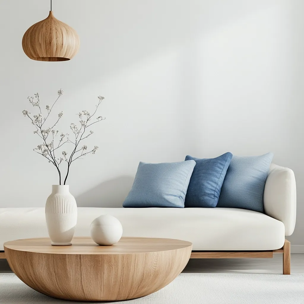 A minimalist living room features a low, wide wooden coffee table, adorned with a white vase holding dried branches and a smooth white orb.  A white couch with three shades of blue cushions sits nearby. A light wooden pendant lamp hangs overhead, complementing the room's serene and calming atmosphere. The walls are a clean, bright white.