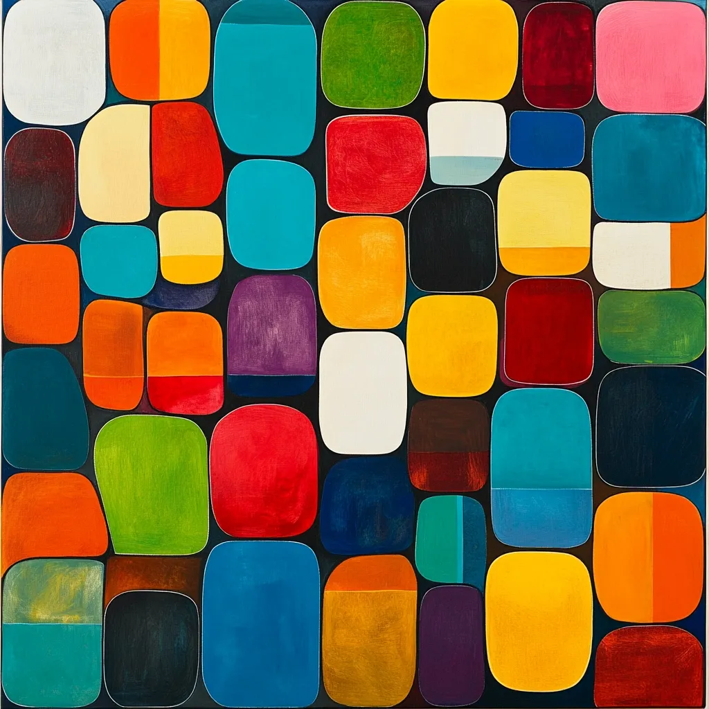 A vibrant abstract painting features a grid of rounded, colorful rectangles.  The shapes are diverse in size and color, with hues ranging from bright yellows and oranges to deep reds, blues, and greens.  The artist's use of bold color and organic shapes creates a dynamic and playful composition.  White and dark neutral tones provide contrast within the multicolored mosaic.