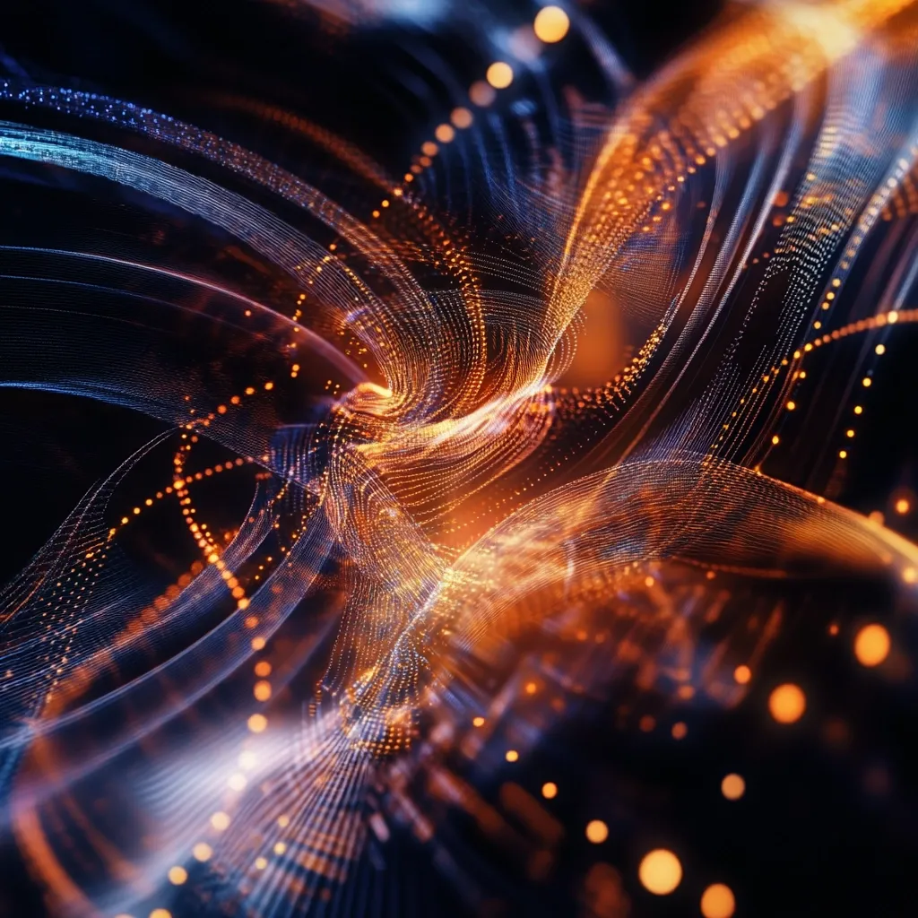 An abstract digital artwork depicts swirling, luminous strands of light.  Predominantly orange and blue, the particles create a sense of depth and movement.  The colors blend and interweave, forming a dynamic, almost three-dimensional effect against a dark background, speckled with bokeh. The image evokes feelings of energy and technological advancement.