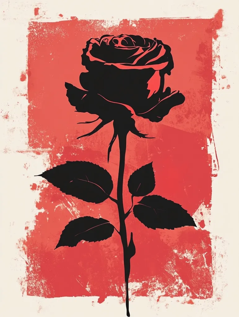 A stylized black silhouette of a rose is presented against a textured, coral-red background. The rose is depicted in full bloom, its petals meticulously detailed, contrasted sharply against the vibrant backdrop.  The image evokes a sense of boldness and passion, enhanced by the grunge-like texture of the background. The simple yet powerful composition creates a visually striking piece of art.