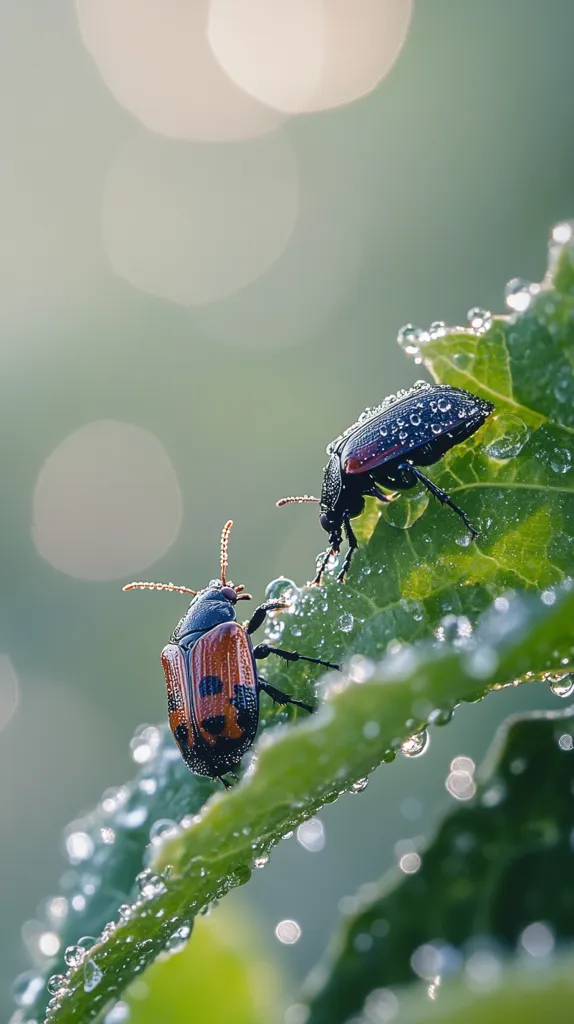 Two vibrant red and black beetles are perched on a dew-kissed leaf.  The leaf is glistening with morning moisture, creating a beautiful bokeh effect in the background.  The insects appear to be interacting, their bodies sharply detailed against the soft, out-of-focus backdrop.  The overall image conveys a sense of tranquility and the beauty of nature's details.