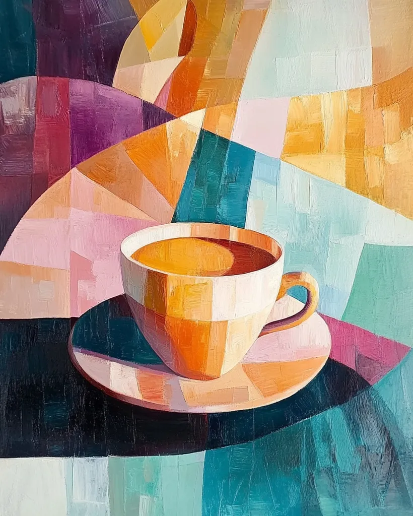 A vibrant, cubist-style painting depicts a cup and saucer of tea or coffee. The warm, golden hues of the drink contrast with the cool teal, purple, and pink geometric shapes forming the background.  Thick, impasto brushstrokes create texture, adding depth and dimension to the abstract composition.  The overall effect is one of warmth and calm despite the bold colors and angular shapes.