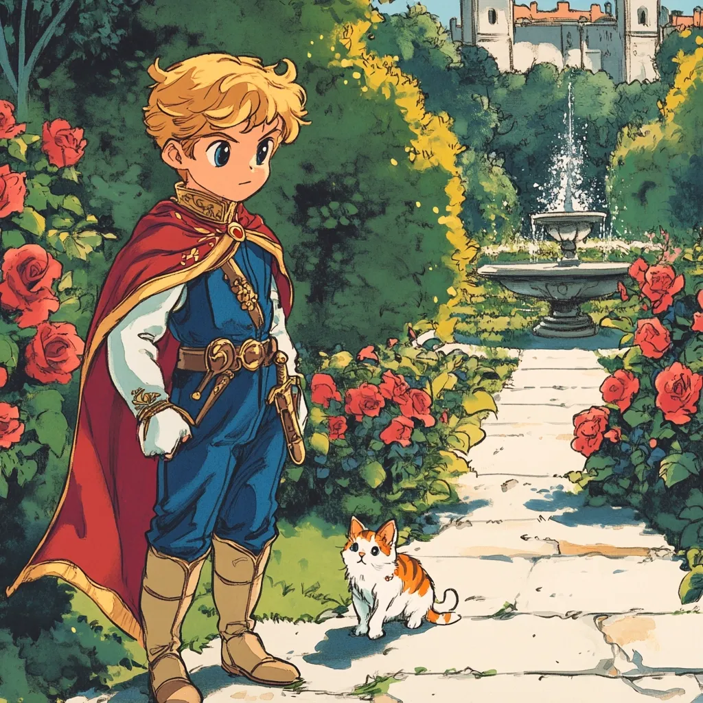 A young prince, with blond hair and dressed in a regal blue and red outfit, stands in a lush garden.  Roses bloom vibrantly around him, and a small orange and white kitten sits at his feet. A stone fountain and a distant castle are visible in the background, creating a serene and fairytale-like atmosphere. The artwork is detailed and evocative of classic children's book illustrations.