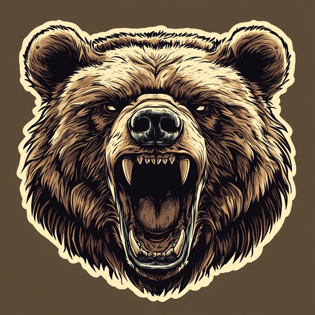 A detailed illustration showcases the head of a grizzly bear in a roaring stance. The bear's fur is meticulously rendered, with variations in shading suggesting depth and texture. Its mouth is agape, revealing sharp teeth, and its eyes are narrowed in a fierce expression. The style is reminiscent of vintage illustrations or tattoo art, with bold lines and rich brown tones.  The image is framed by a cream-colored border against a muted brown background.