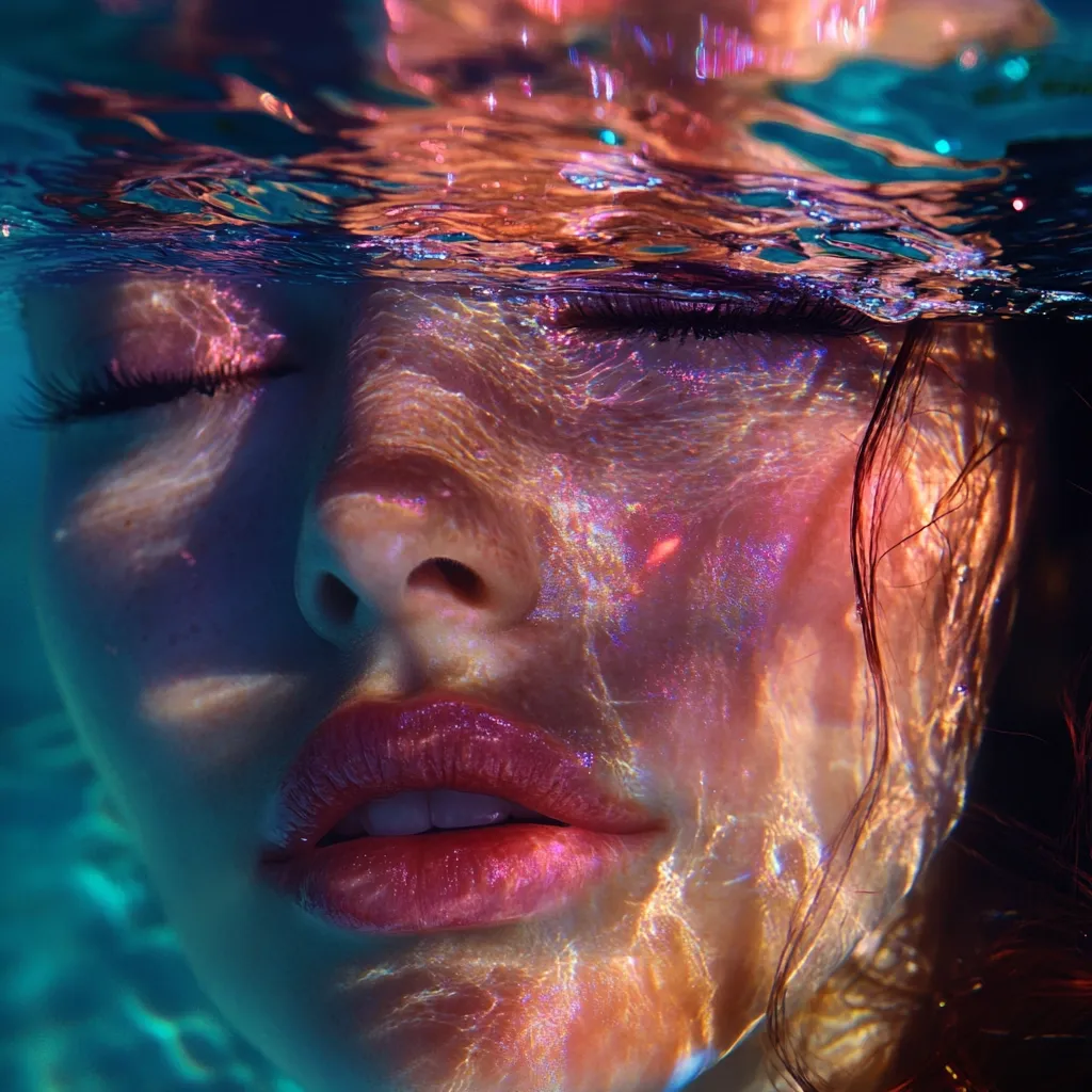 Close-up underwater shot of a woman's face.  Her eyes are closed, and the water distorts the light, creating a shimmering, iridescent effect on her skin.  Warm and cool tones blend, producing a dreamlike, ethereal quality. Her lips are slightly parted, and her expression is serene. The image is visually stunning, showcasing the interplay of light and water.
