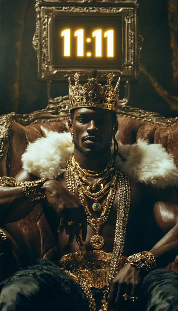 A dark-skinned man, adorned in a gold crown and an abundance of gold chains and jewelry, sits regally on a plush, ornate chair.  A digital clock displaying "11:11" glows behind him, adding to the opulent and mysterious atmosphere.  He is draped in a white fur stole, emphasizing his kingly persona. The image is rich in texture and saturated with deep shadows and golden highlights.