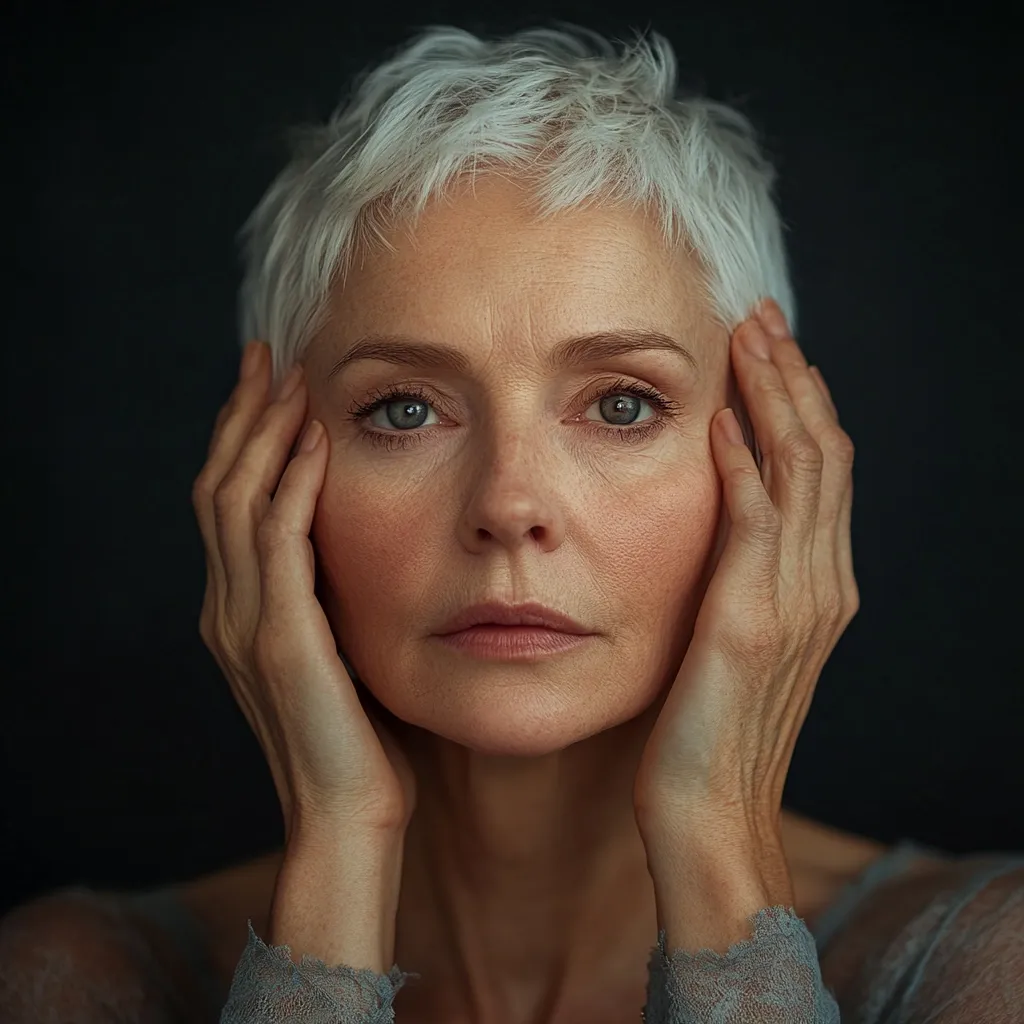 Close-up portrait of a mature woman with short, gray hair.  Her hands gently frame her face, highlighting her expressive eyes and subtly textured skin.  The dark background emphasizes her features and creates a contemplative mood. The image conveys a sense of quiet strength and natural beauty.