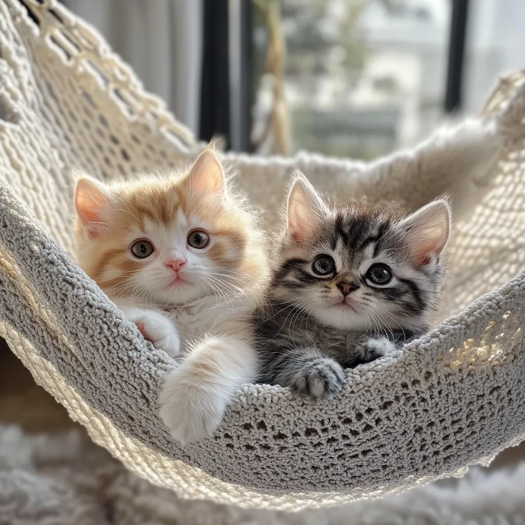 Two adorable kittens, one ginger and white, the other grey and white tabby, snuggle together in a cozy, crocheted hammock.  Their large, curious eyes stare directly at the camera. The soft lighting and neutral background enhance the kittens' fluffy fur and sweet expressions.  The scene is peaceful and heartwarming.