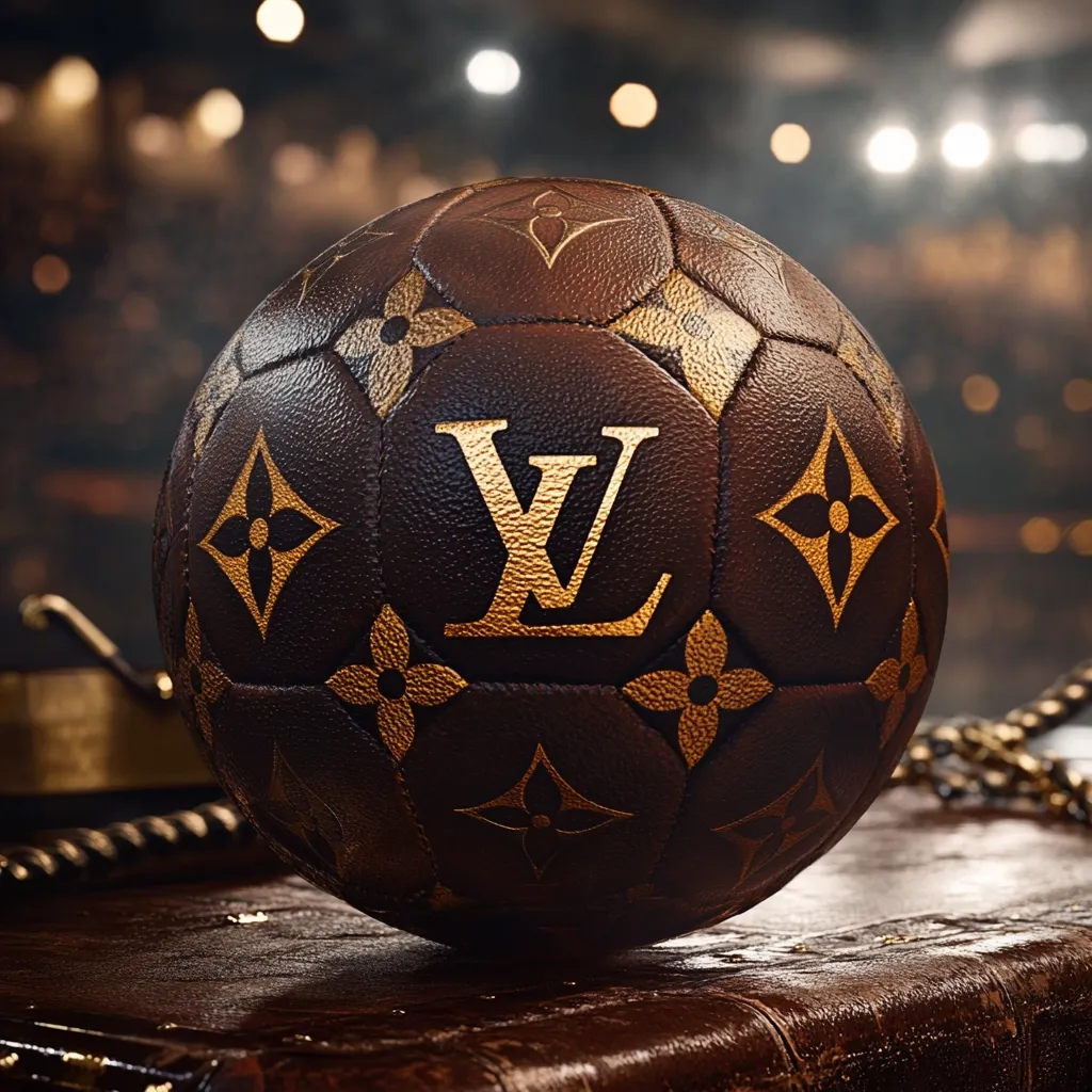 A luxurious Louis Vuitton soccer ball rests on a vintage leather-bound book.  The ball's dark brown leather is embossed with the iconic LV monogram in gold.  The setting suggests a high-end, possibly exclusive, presentation.  The background is blurred, focusing attention on the meticulously crafted ball.  The image evokes a sense of luxury and prestige.