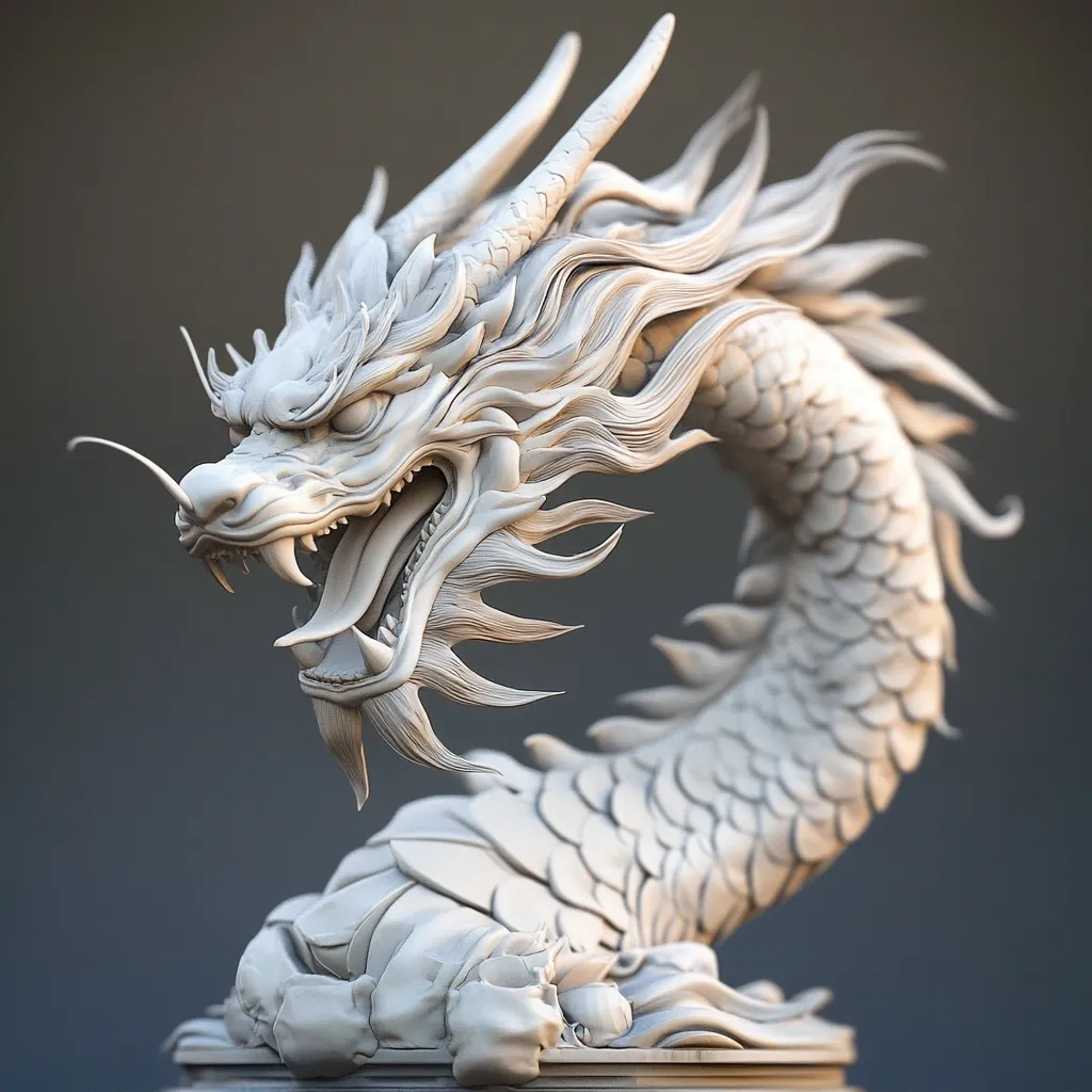 A meticulously detailed, off-white sculpture of a Chinese dragon is presented.  The dragon's head is sharply angled, its mouth open in a fierce roar, revealing sharp teeth.  Intricate scales cover its body, which coils gracefully.  The mane and horns are elaborately rendered, showcasing the artist's skill.  The overall effect is one of power and majesty.