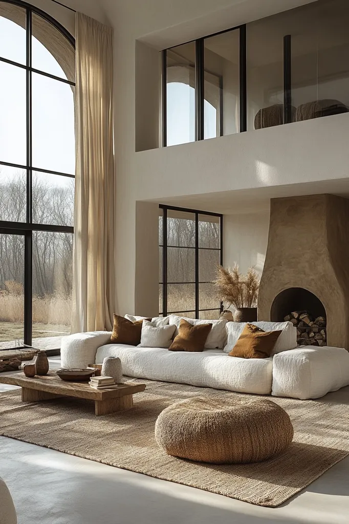A minimalist living room boasts a large, off-white sectional sofa, complemented by earthy-toned throw pillows.  A low wooden coffee table sits on a jute rug, with a woven pouf adding texture.  Large arched windows offer abundant natural light, overlooking a tranquil landscape.  A stucco fireplace provides a warm focal point, enhancing the serene and sophisticated ambiance.  The high ceilings and mezzanine add to the spaciousness.