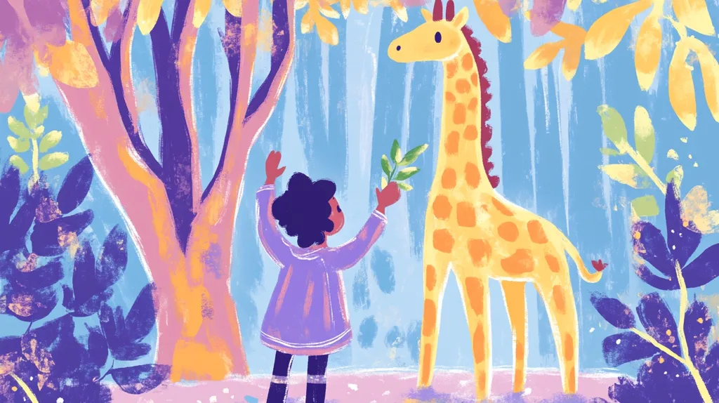A young girl with dark curly hair offers a sprig of leaves to a friendly giraffe in a vibrantly colored, stylized forest.  The painting uses bold brushstrokes and pastel hues, creating a whimsical and joyful atmosphere. The girl wears a lavender coat, and the giraffe stands tall and gentle.  The background features abstract trees and foliage, adding to the dreamy quality of the artwork.