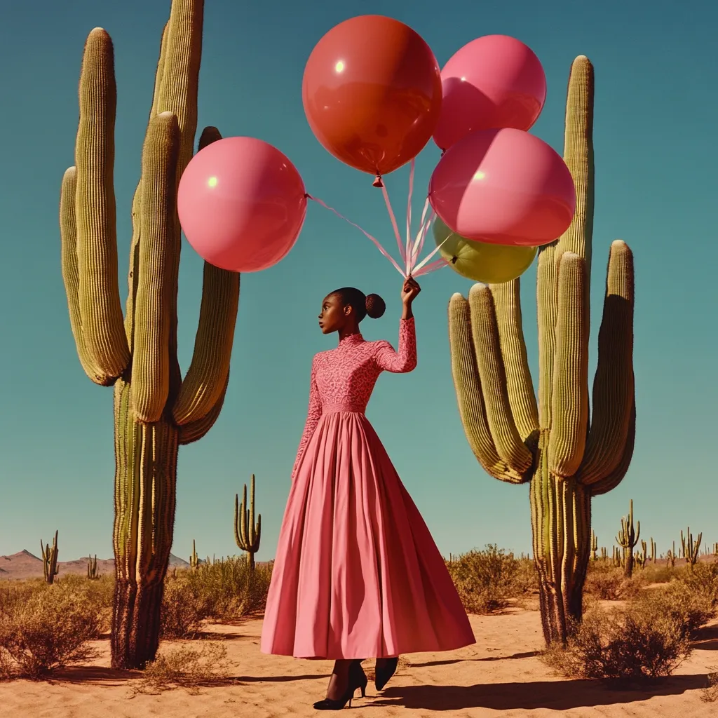 A Black woman in a pink dress holds a bunch of pink, orange, and green balloons in a desert landscape.  Tall cacti flank her, providing a stark contrast to the vibrant colors of her outfit and the balloons. The scene is bathed in warm, sunny light, creating a surreal and stylish image.
