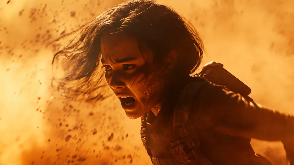 A young woman, her face streaked with dirt and grime, screams amidst a fiery orange explosion.  Her hair whips around her as she appears to be in the midst of intense action.  The scene is chaotic, with dust and debris flying everywhere. She wears tactical gear, suggesting a combat or survival situation. The overall tone is one of struggle and intense emotion.