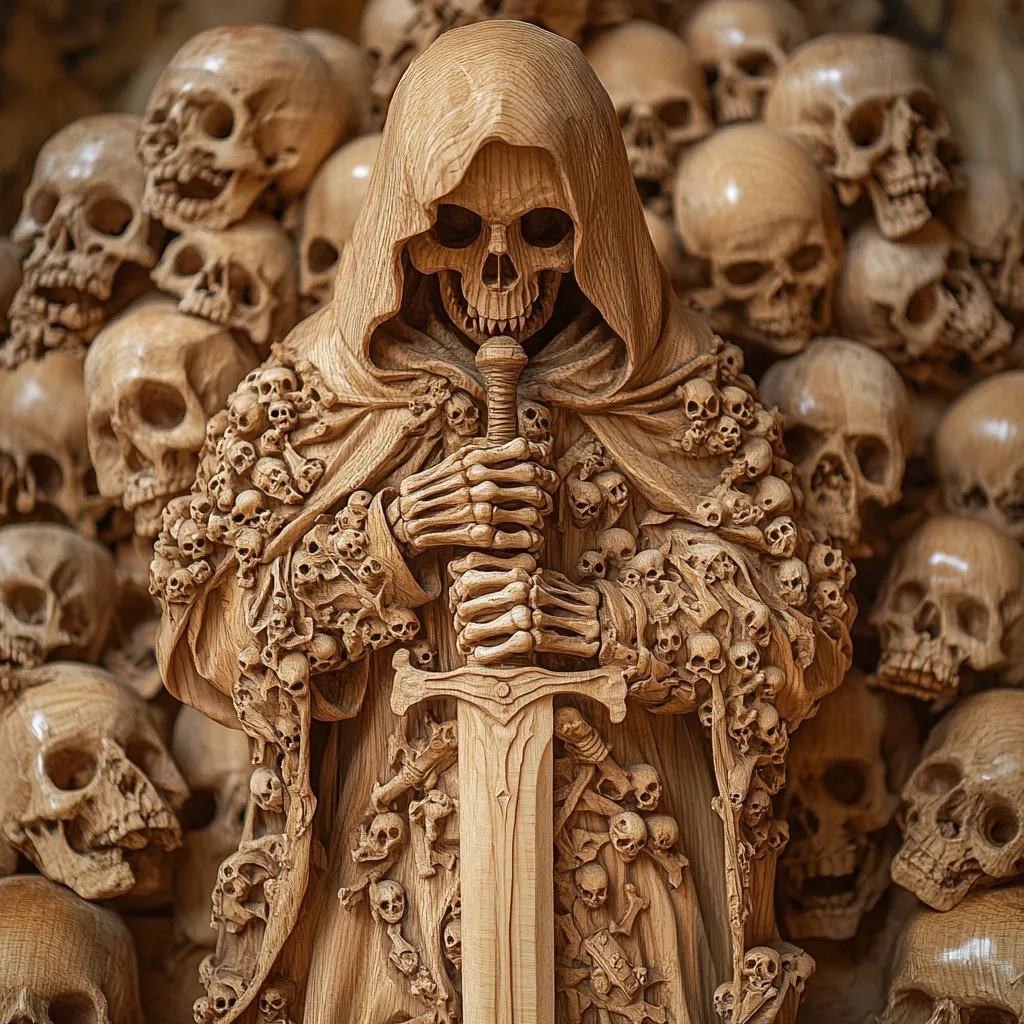 An intricately carved wooden sculpture depicts a hooded skeletal figure, clad in a robe adorned with numerous smaller skulls.  The figure holds a large sword, its bony hands gripping the hilt.  The sculpture is surrounded by a massive pile of skulls, creating a dramatic and macabre scene.  The detailed craftsmanship is evident in the texture and individual features of each skull.