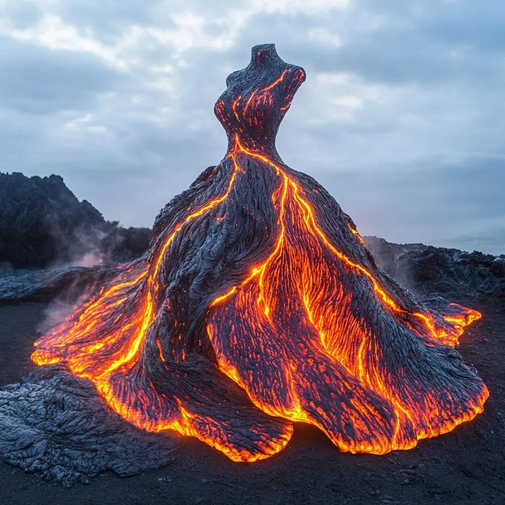 A breathtaking image depicts a mesmerizing lava formation resembling a wedding gown. Molten lava, glowing intensely orange and red, flows down a dark, solidified lava base, creating the illusion of a dress on a mannequin.  The scene is dramatic, set against a moody sky and volcanic landscape, showcasing the raw power and beauty of nature's artistry.