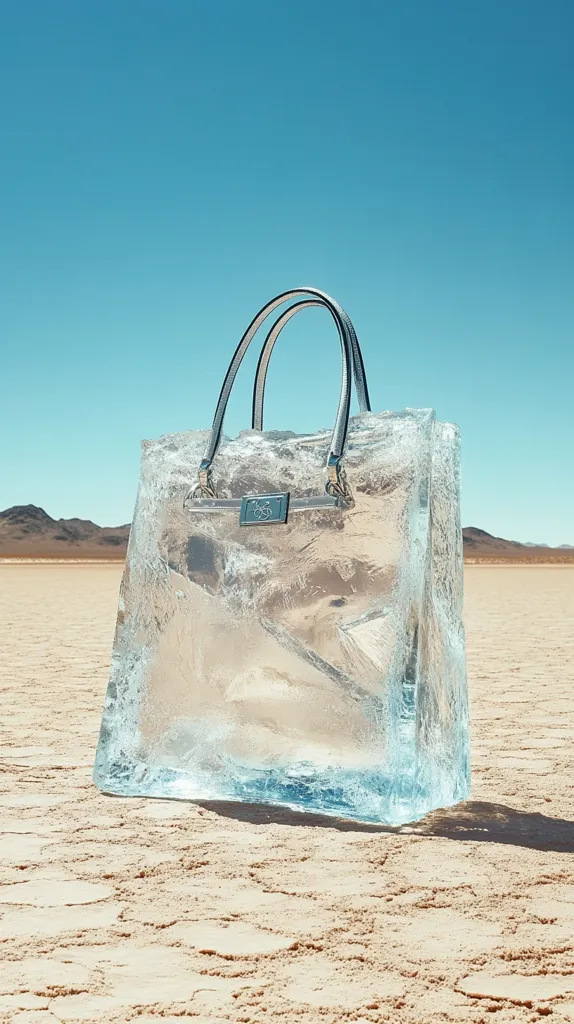A luxury handbag is frozen in a large block of ice.  The ice block rests on a sandy desert landscape under a clear blue sky.  The contrast between the delicate bag and the harsh, frozen environment creates a striking visual. The image suggests fragility, preservation, or the unexpected juxtaposition of luxury and nature's elements.