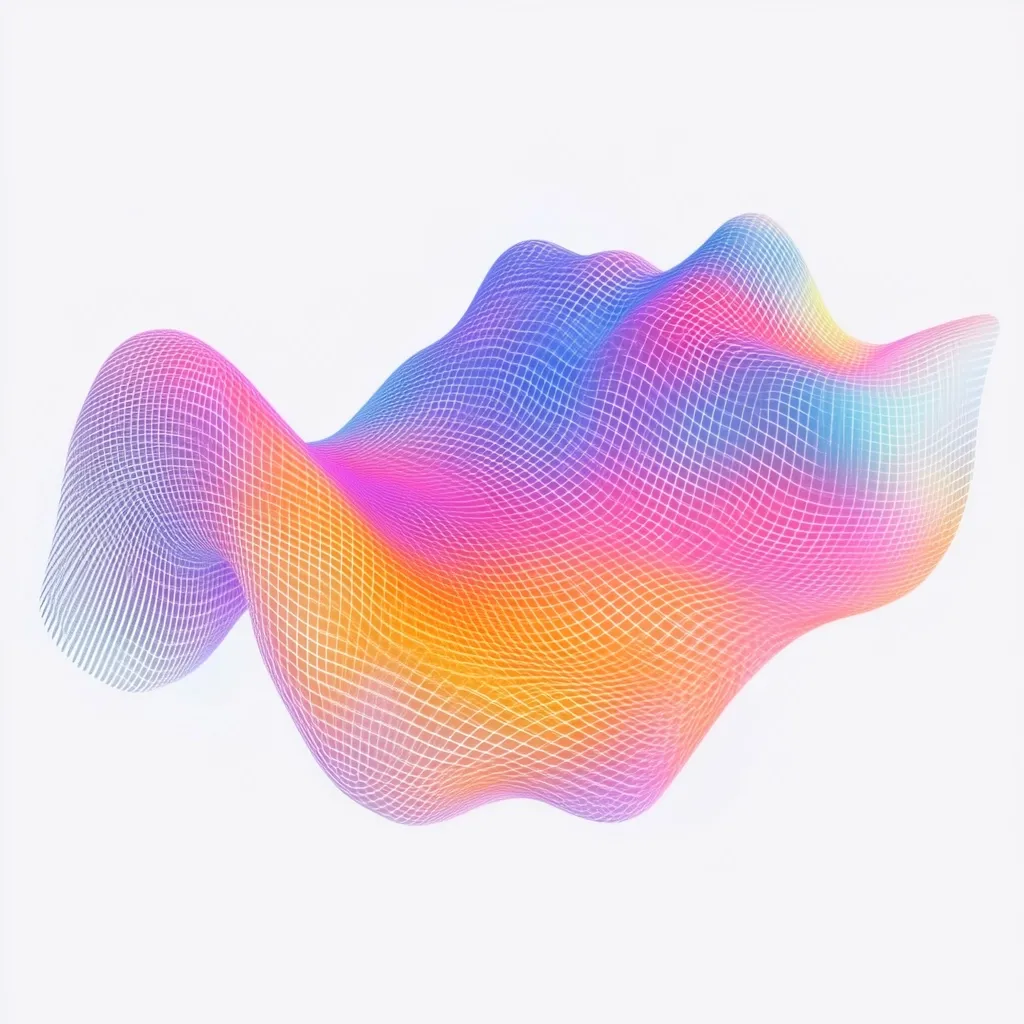 A vibrant, abstract image depicts a flowing, three-dimensional grid.  The grid is rendered in a gradient of pastel colors, transitioning smoothly from cool blues and purples to warm oranges and pinks.  The form resembles a wave or cloud, creating a dynamic and ethereal effect against a plain white background.  The mesh-like structure gives the illusion of depth and movement.