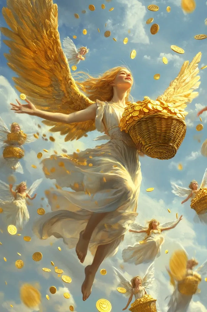 A golden-winged angel, radiating light, soars through a sky filled with showering gold coins.  She carries a large basket overflowing with more gold.  Surrounding her, smaller winged figures, also scattering coins, add to the scene of celestial abundance and generosity.  The overall impression is one of divine wealth and blessing.