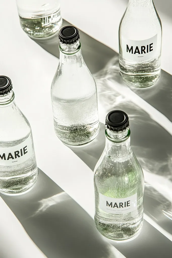 Four clear glass bottles of Marie sparkling water are arranged on a white surface, illuminated by sunlight casting dramatic shadows.  The bottles have black caps and minimalist white labels with "MARIE" printed on them.  One larger bottle sits in the background, slightly out of focus, adding depth to the image. The overall aesthetic is clean, modern, and sophisticated.